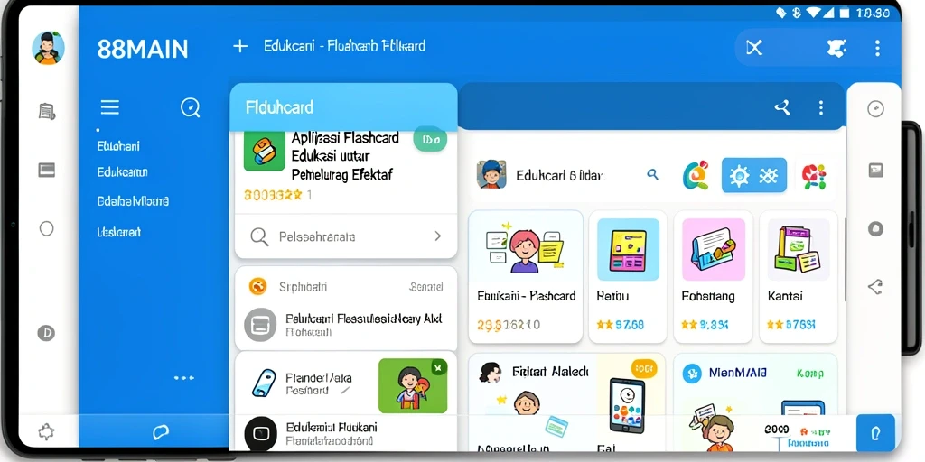 Tampilan antarmuka aplikasi 88MAIN dengan fitur flashcard yang interaktif.