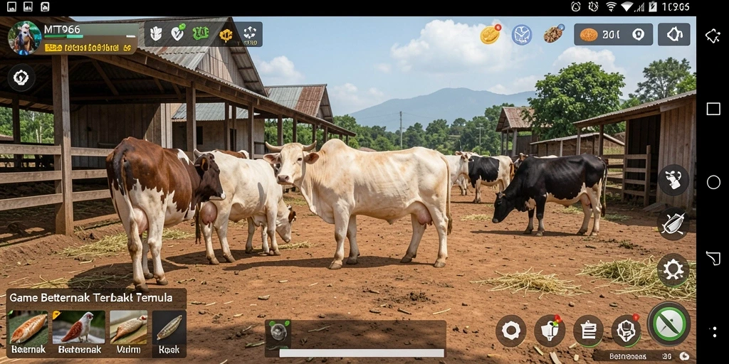 Screenshot MT966 dengan tampilan peternakan yang indah dan hewan yang bahagia.